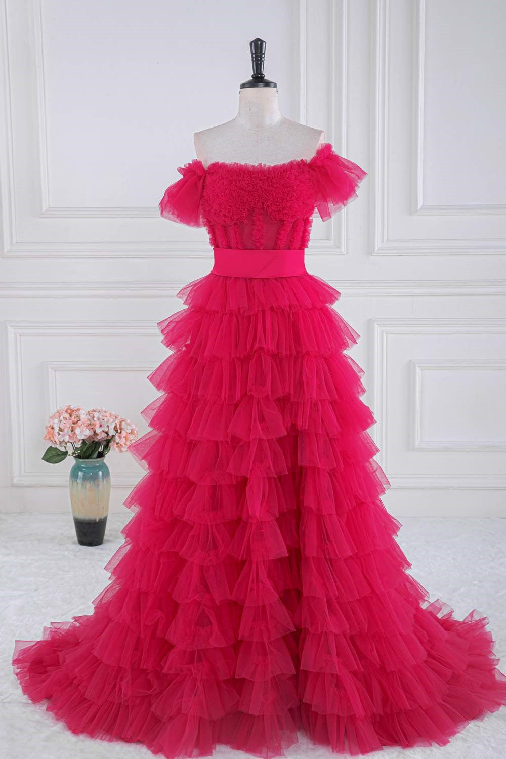 Rose Pink Ruffled Off-Shoulder Layers Long Prom Dress