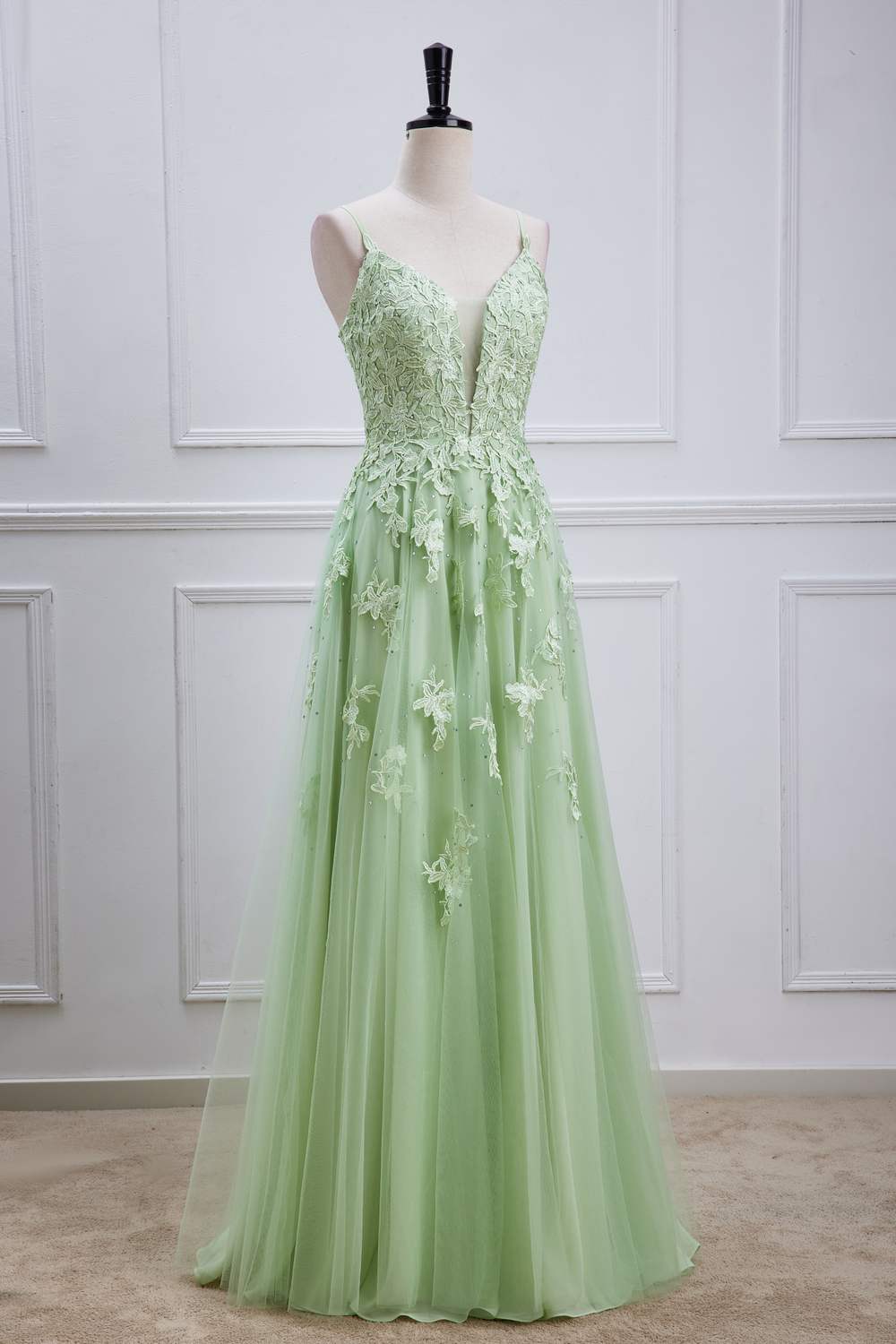 Sage Green Plunging V Neck Lace-Up Appliques Long Prom Dress