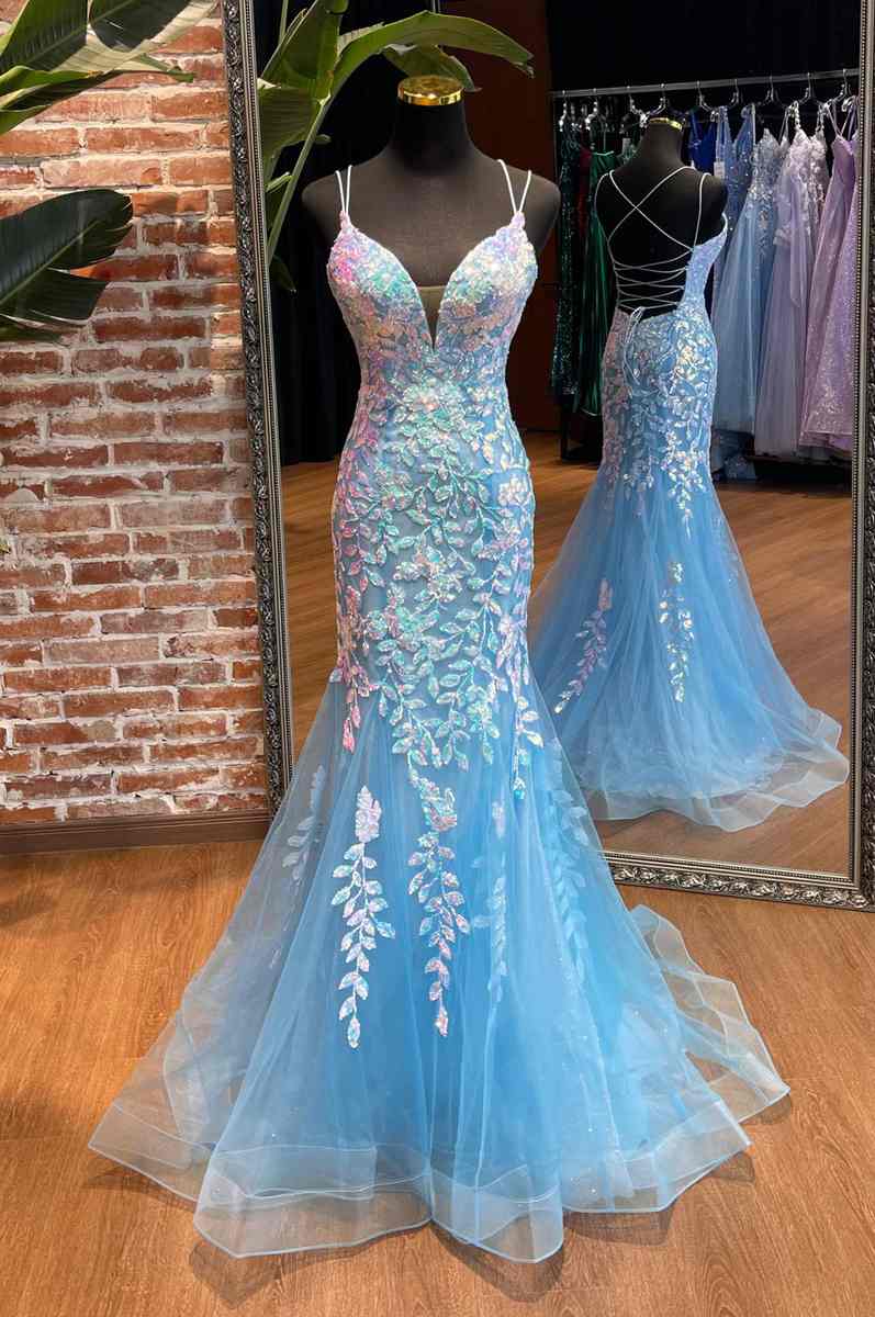 Azure Plunging V Neck Appliques Lace-Up Mermaid Prom Dress joyofdress product image