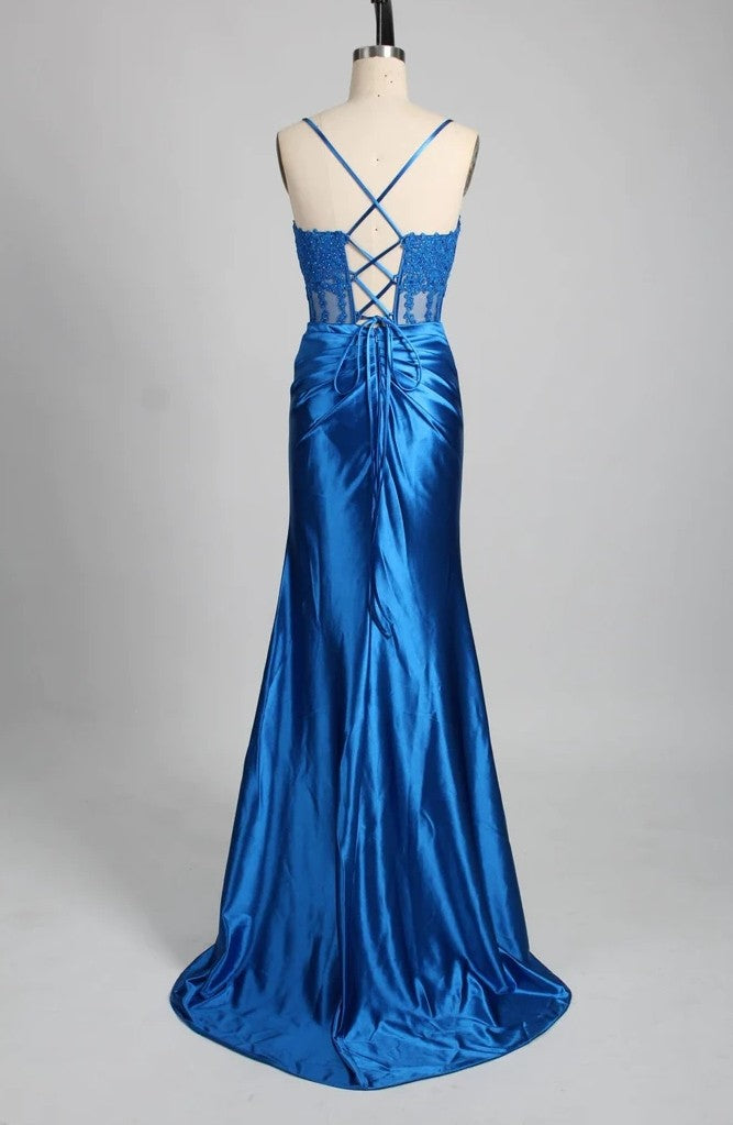 Straps Appliques Satin Mermaid Prom Dress With Slit blue colour backside