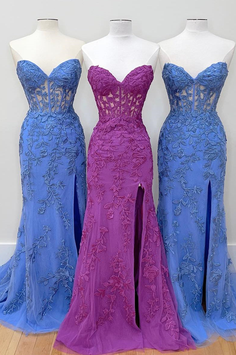 Periwinkle Strapless Appliques Mermaid Long Prom Dress with Slit