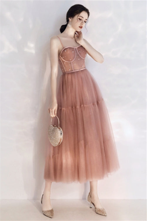 Lace 3/4 Sleeves Chiffon Tea-Length Dress Blushing Pink main image 1