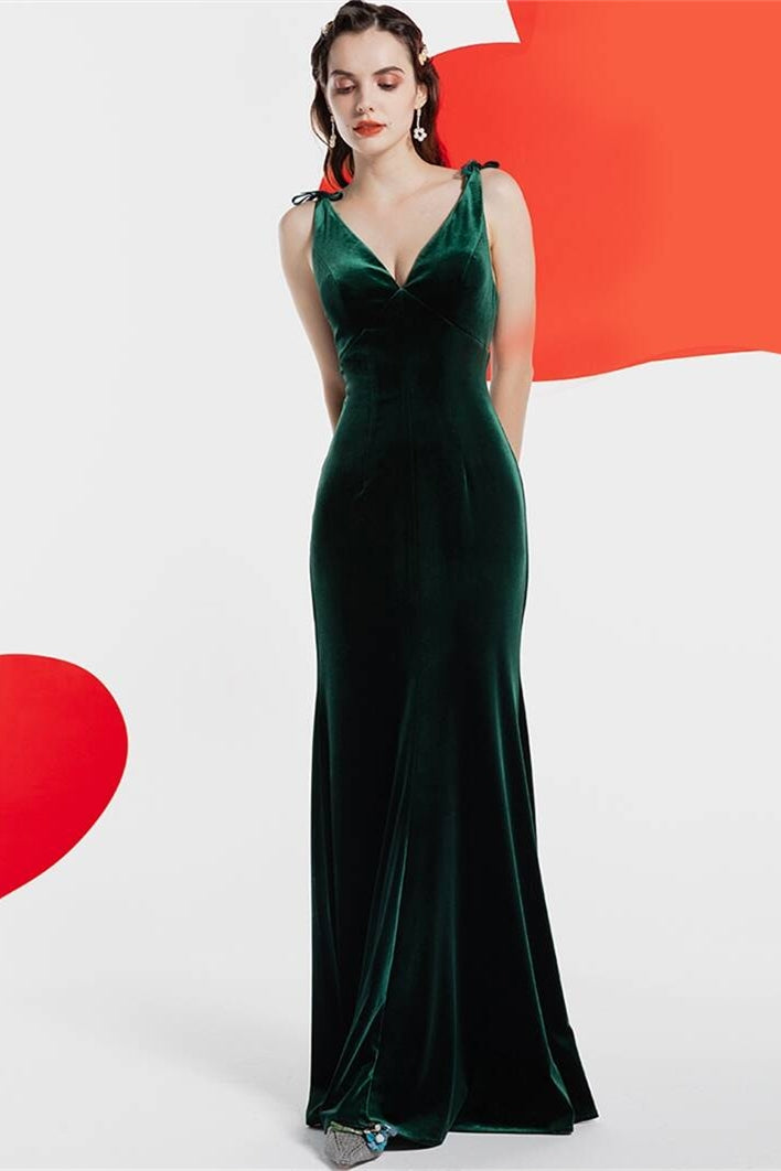 Plunging V-Neck Long Sleeve Velvet Dress Dark Green main image 1