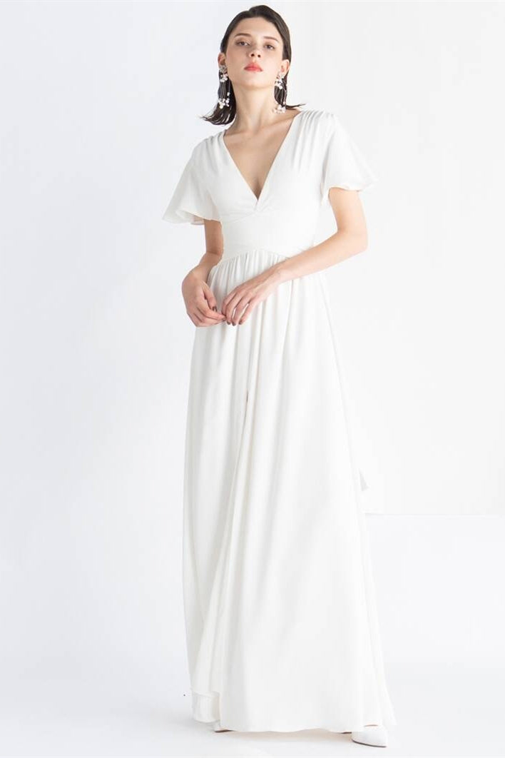 White Chiffon Long Dress 2026.White Chiffon Long Dress with Slit - Joyofdress