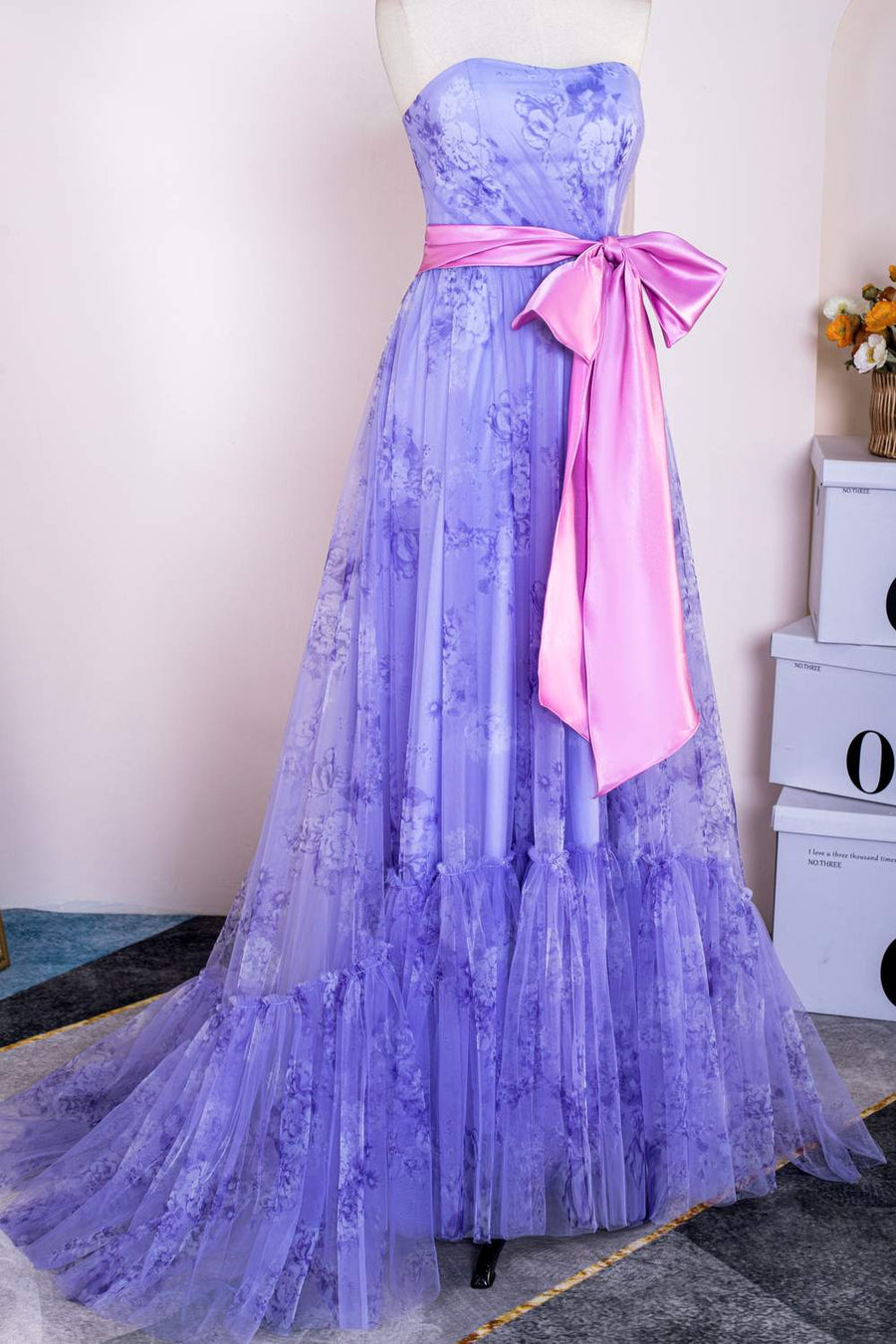 Lavender Strapless Ruffled Floral Long Prom Dress with Bow Sash