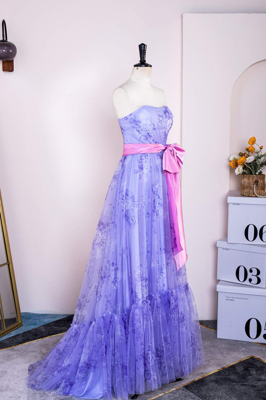 Lavender Strapless Ruffled Floral Long Prom Dress with Bow Sash