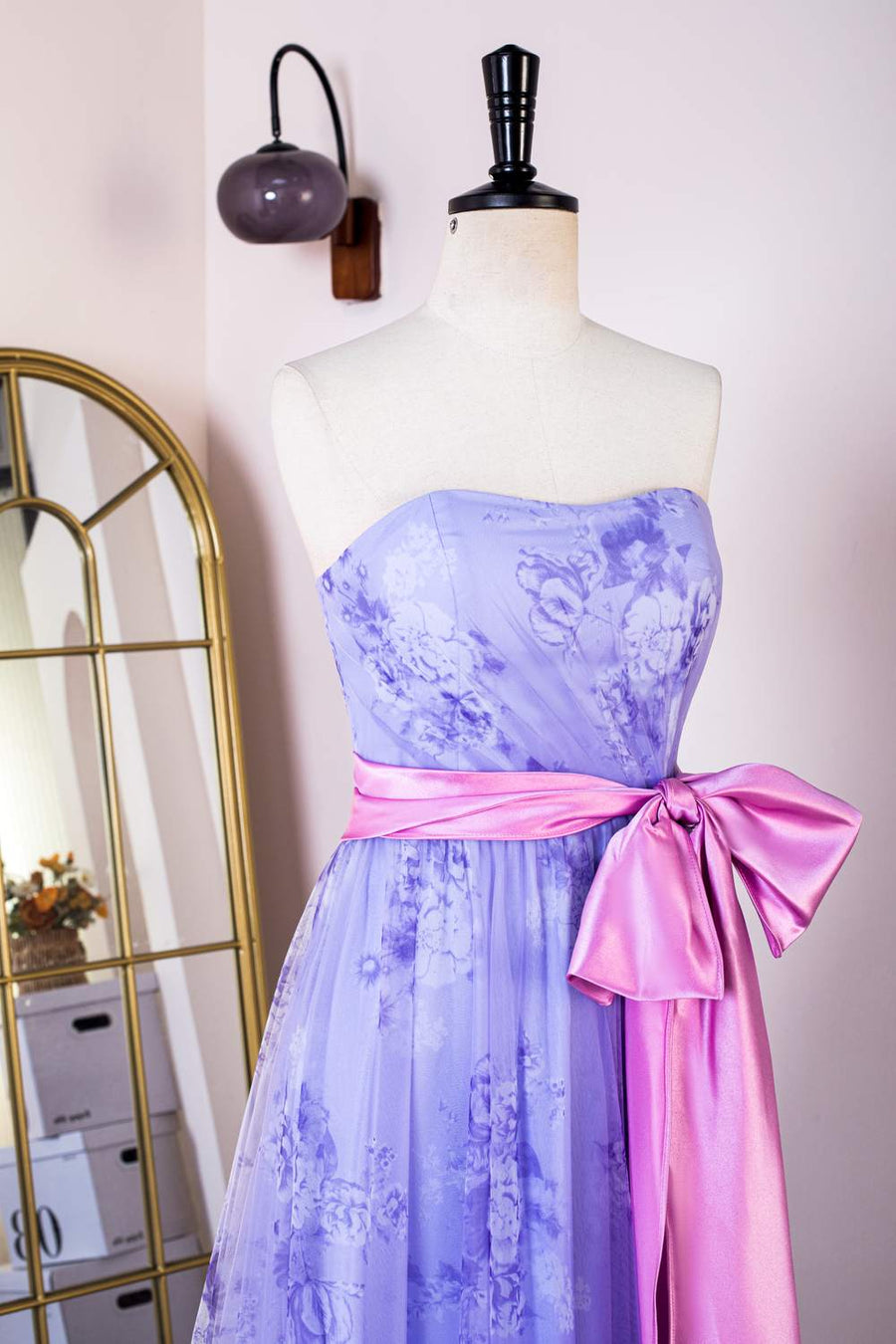 Lavender Strapless Ruffled Floral Long Prom Dress with Bow Sash