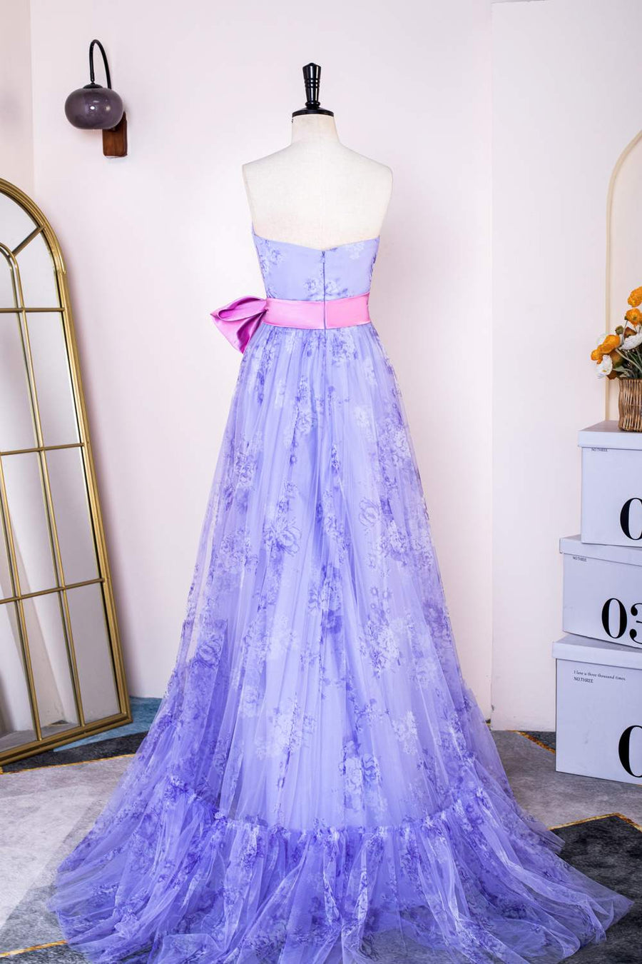 Lavender Strapless Ruffled Floral Long Prom Dress with Bow Sash