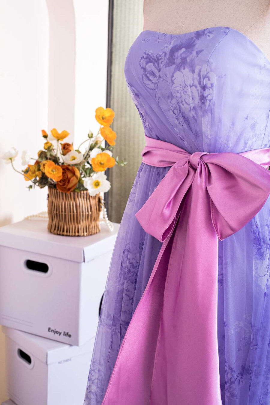 Lavender Strapless Ruffled Floral Long Prom Dress with Bow Sash