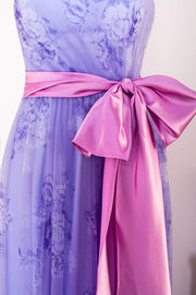 Lavender Strapless Ruffled Floral Long Prom Dress with Bow Sash