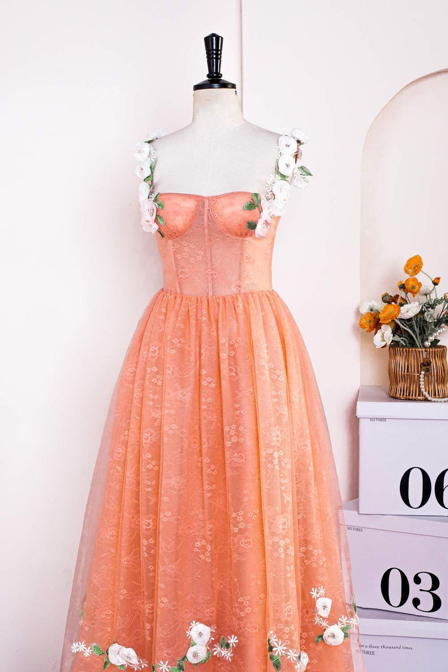 Orange Flower Straps Embroidery A-line Knee-Length Prom Dress