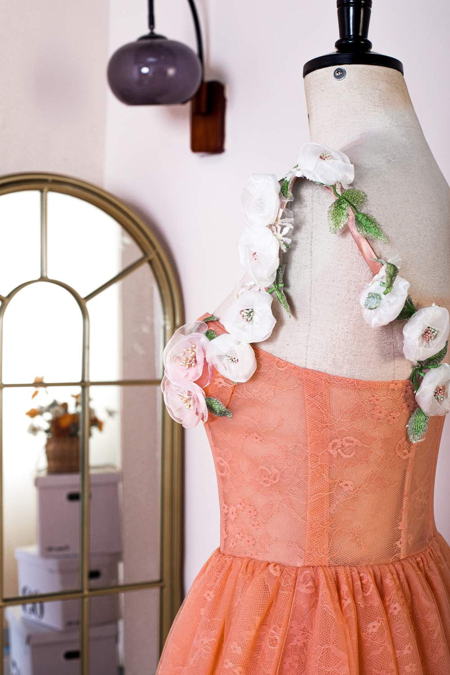 Orange Flower Straps Embroidery A-line Knee-Length Prom Dress