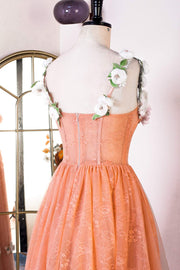 Orange Flower Straps Embroidery A-line Knee-Length Prom Dress