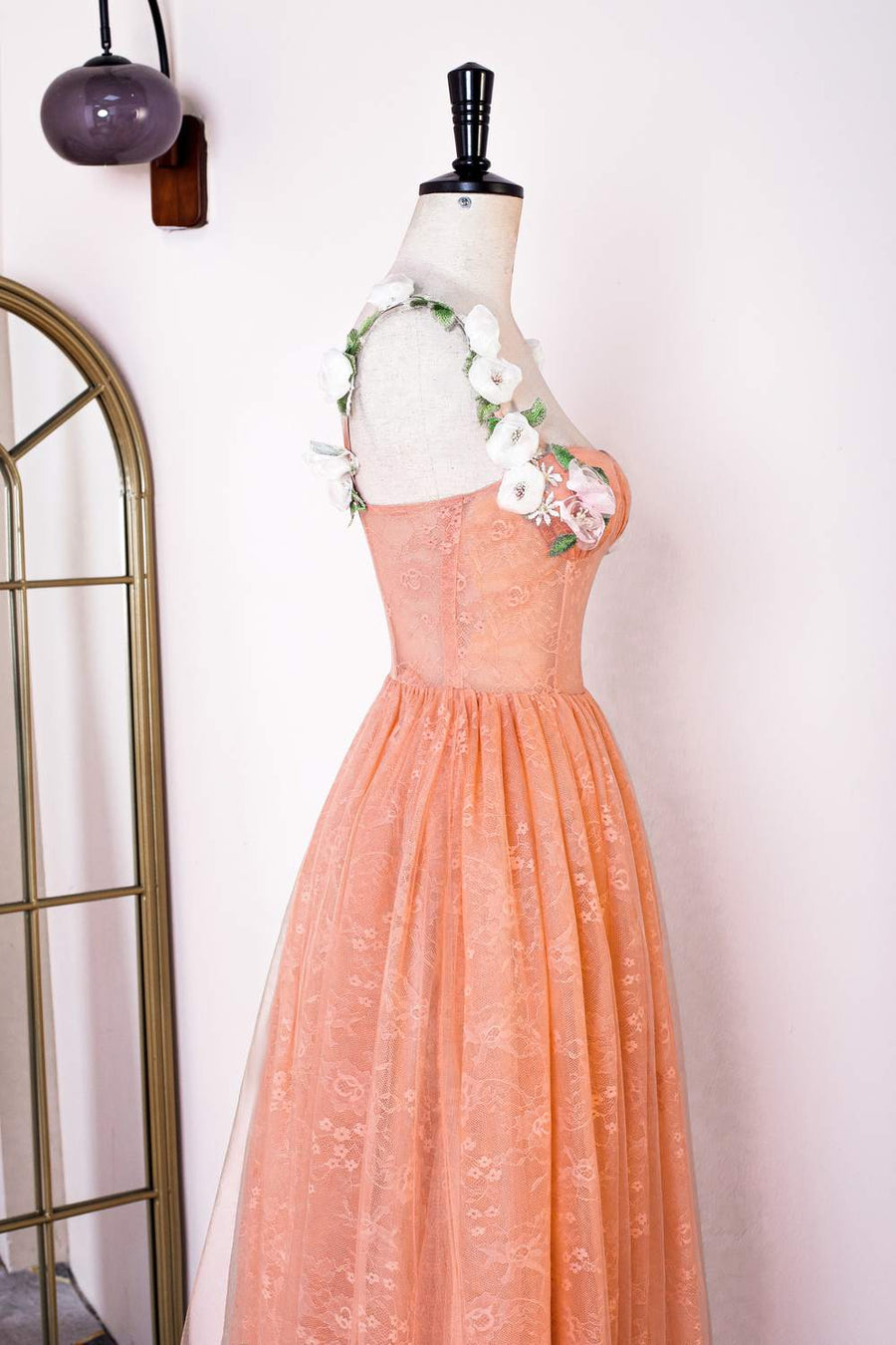 Orange Flower Straps Embroidery A-line Knee-Length Prom Dress