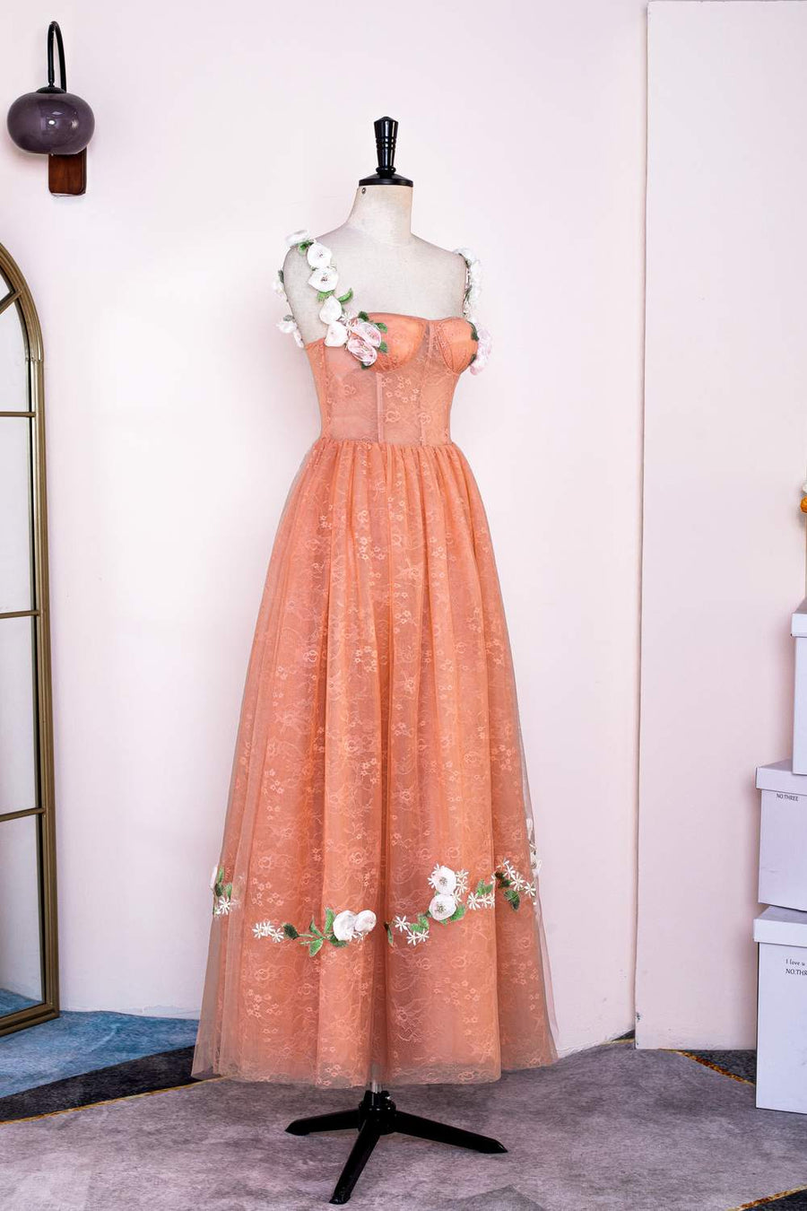 Orange Flower Straps Embroidery A-line Knee-Length Prom Dress