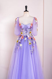 Lavender Floral Appliques Puff Sleeves A-line Long Prom Dress