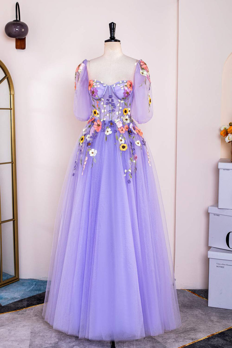 Lavender Floral Appliques Puff Sleeves A-line Long Prom Dress