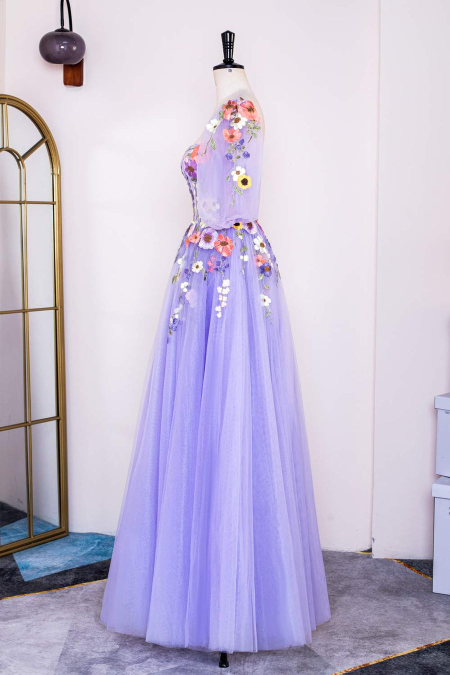 Lavender Floral Appliques Puff Sleeves A-line Long Prom Dress | Joyofdress Lavender Floral Appliques Puff Sleeves A-line Long Prom Dress | Joyofdress