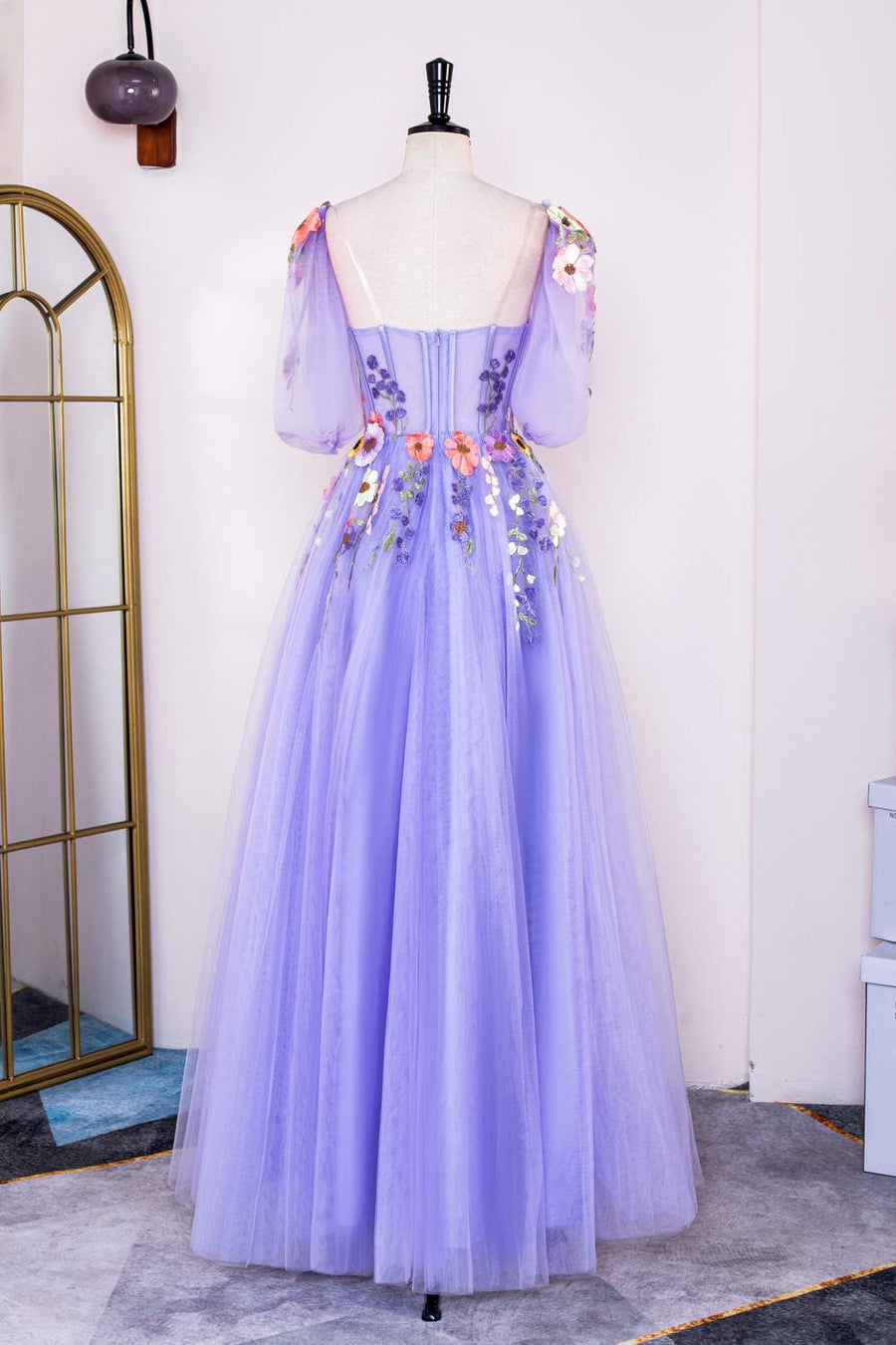Lavender Floral Appliques Puff Sleeves A-line Long Prom Dress