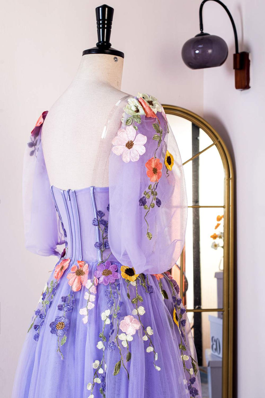 Lavender Floral Appliques Puff Sleeves A-line Long Prom Dress