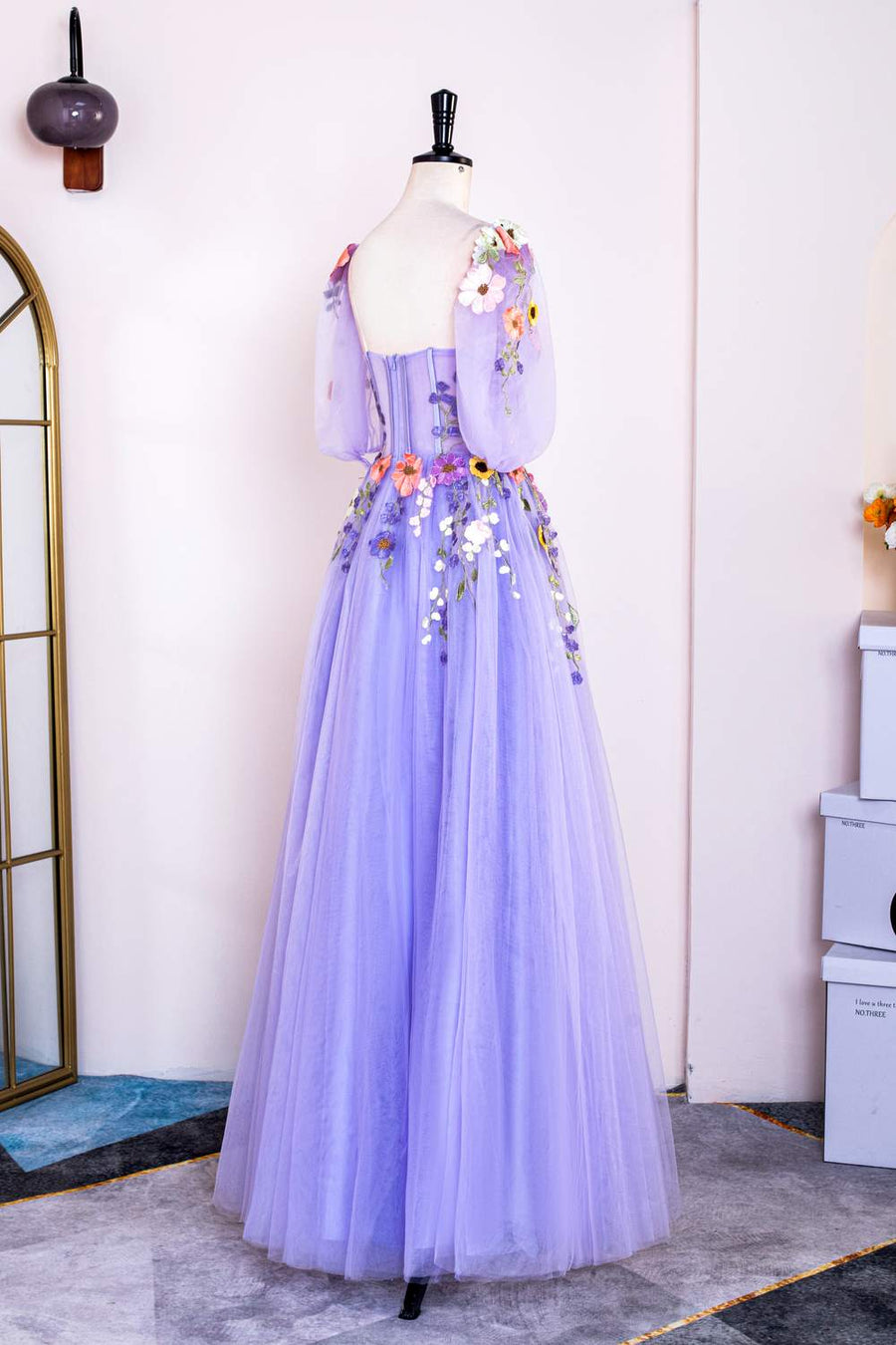 Lavender Floral Appliques Puff Sleeves A-line Long Prom Dress Lavender / US 6