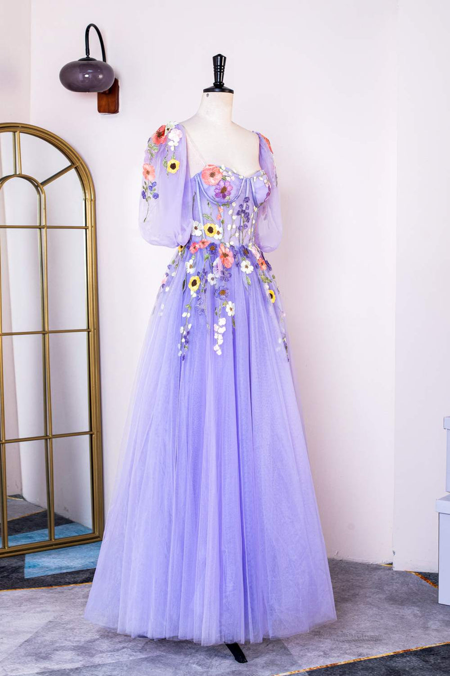 Lavender Floral Appliques Puff Sleeves A-line Long Prom Dress