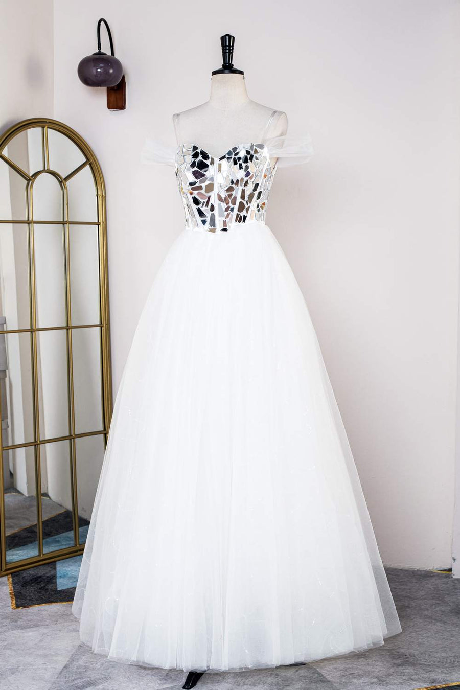White Mirror-Cut Sequined Top A-line Tulle Long Prom Dress White / Custom Size White Mirror-Cut Sequined Top A-line Tulle Long Prom Dress White / Custom Size