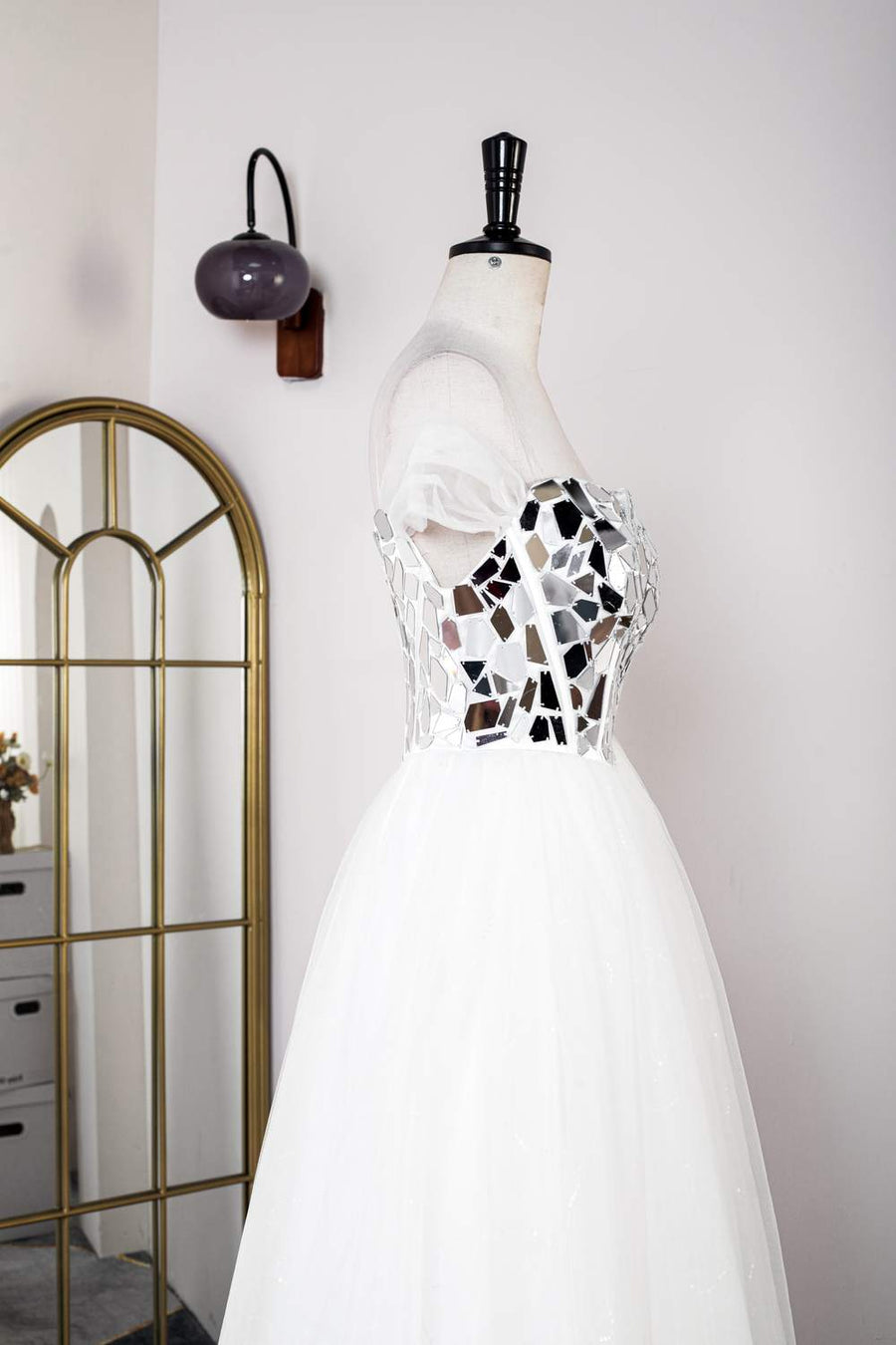 White Mirror-Cut Sequined Top A-line Tulle Long Prom Dress