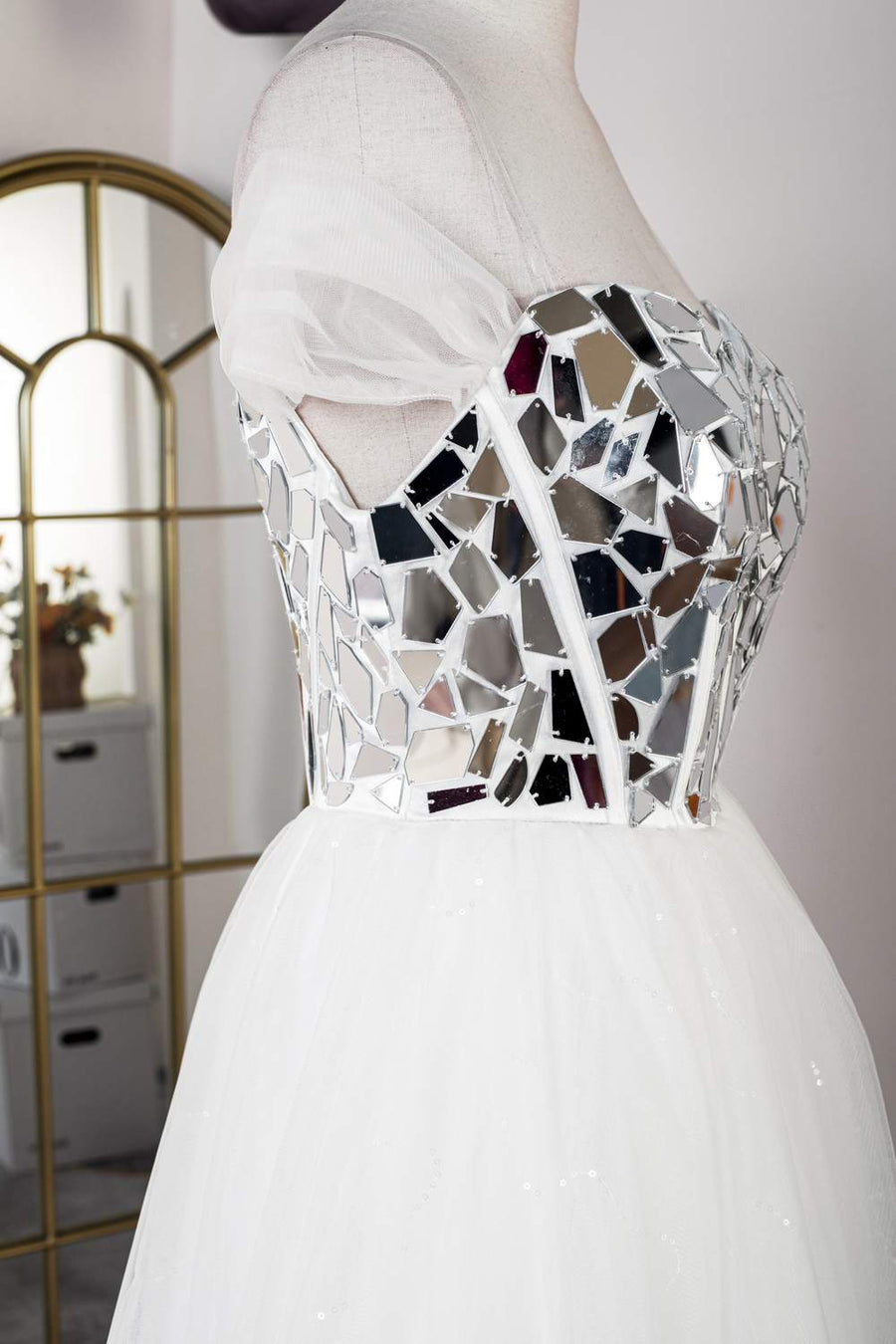 White Mirror-Cut Sequined Top A-line Tulle Long Prom Dress White / Custom Size