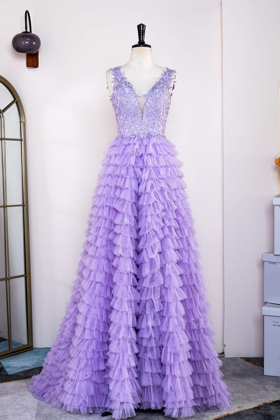 Lavender Plunging V Neck Layers Appliques Long Prom Dress with Slit