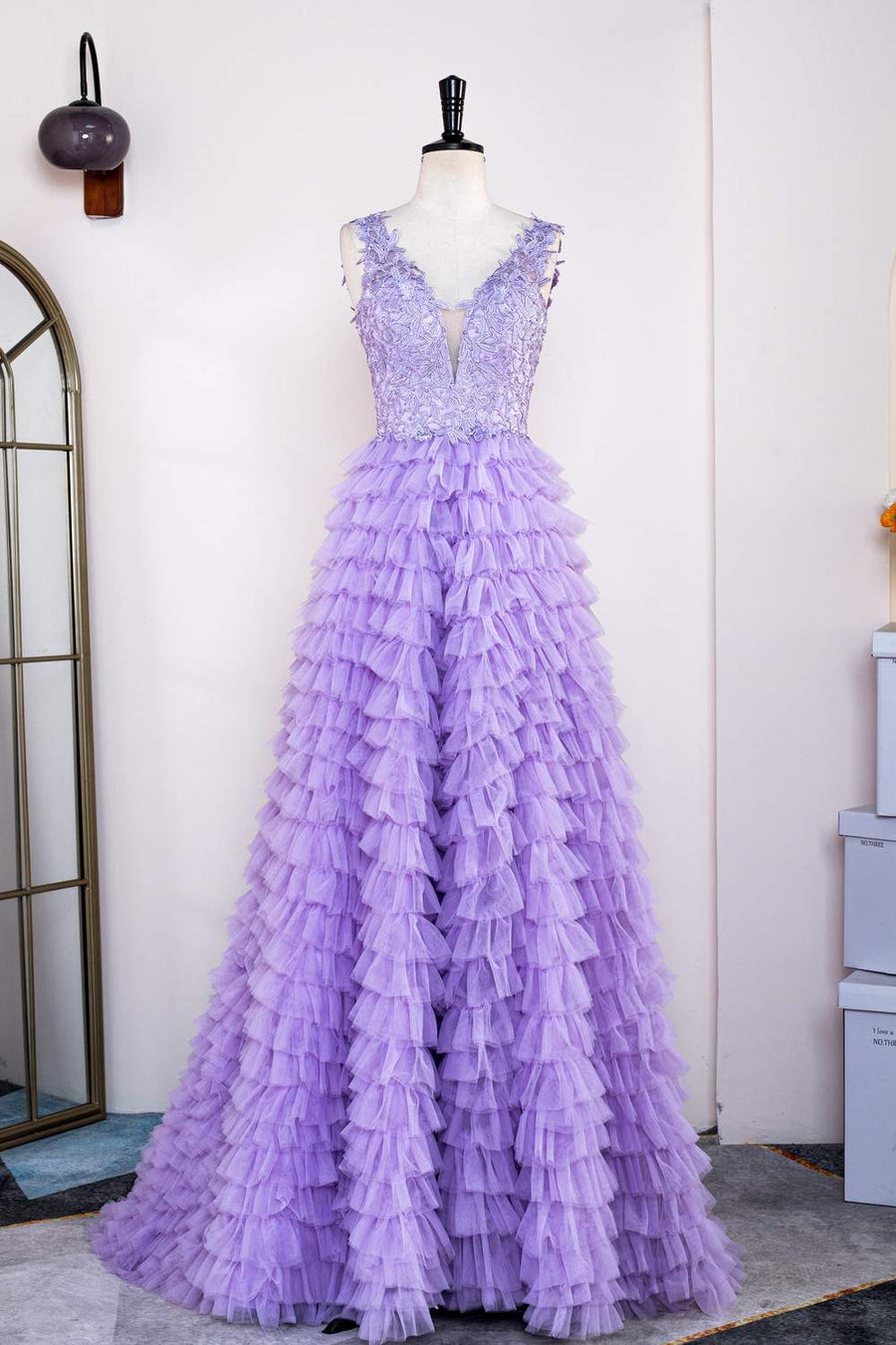 knee length dresses for ladies Lavender Tulle A-line Sweetheart Strapless Lace Appliques Prom Dresses, MP935