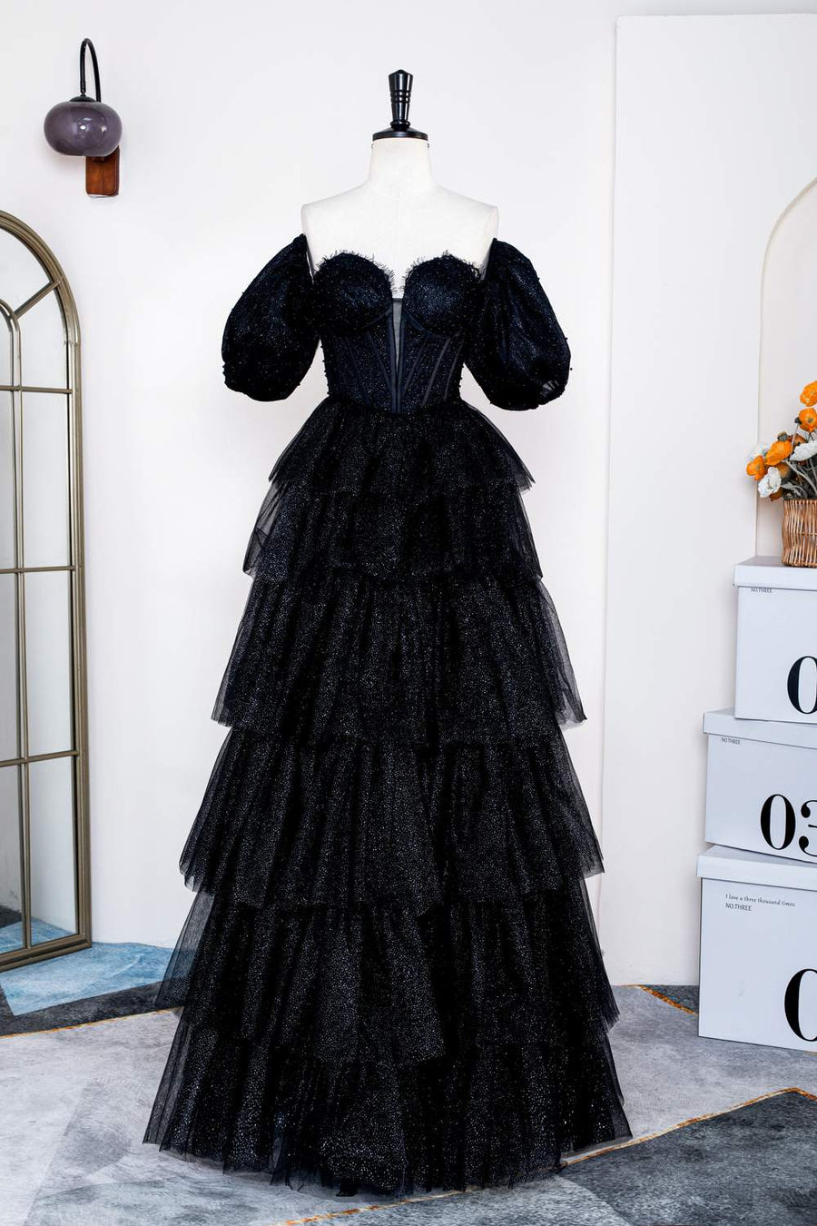 Sparkly Black Off-Shoulder Puff Sleeves Layers Long Prom Dress Black / US 10 Sparkly Black Off-Shoulder Puff Sleeves Layers Long Prom Dress Black / US 10