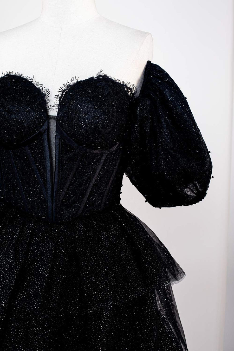 Sparkly Black Off-Shoulder Puff Sleeves Layers Long Prom Dress | Joyofdress Sparkly Black Off-Shoulder Puff Sleeves Layers Long Prom Dress | Joyofdress