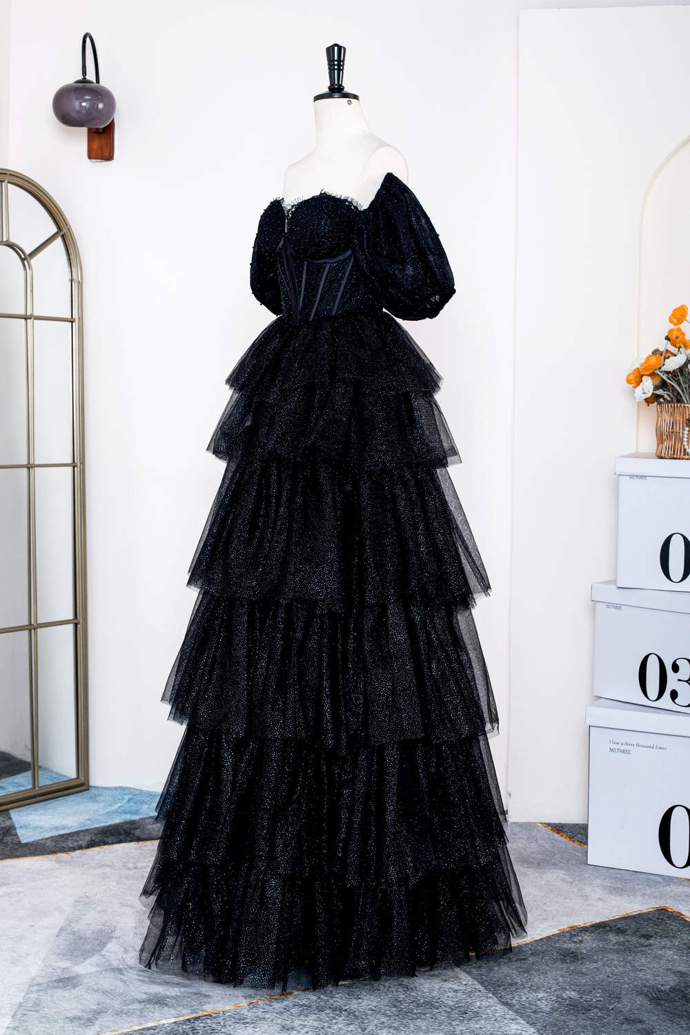 Sparkly Black Off-Shoulder Puff Sleeves Layers Long Prom Dress