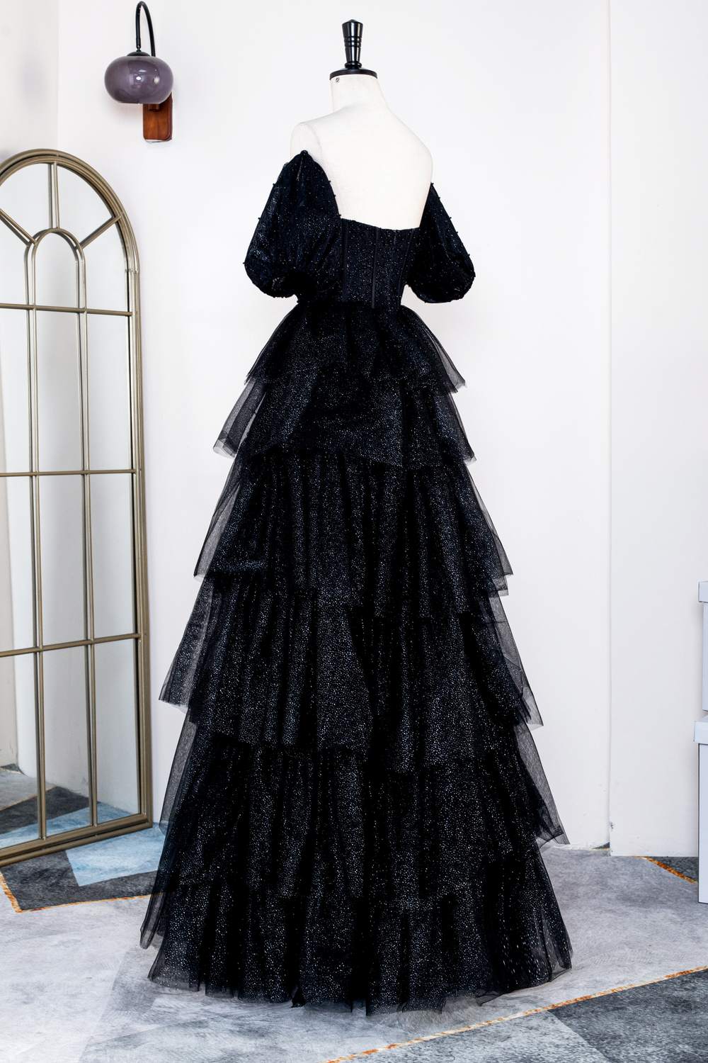 black fluffy prom dresses BABARONI Black Prom Dress with Off the Shoulder Tiered Skirt and Slit