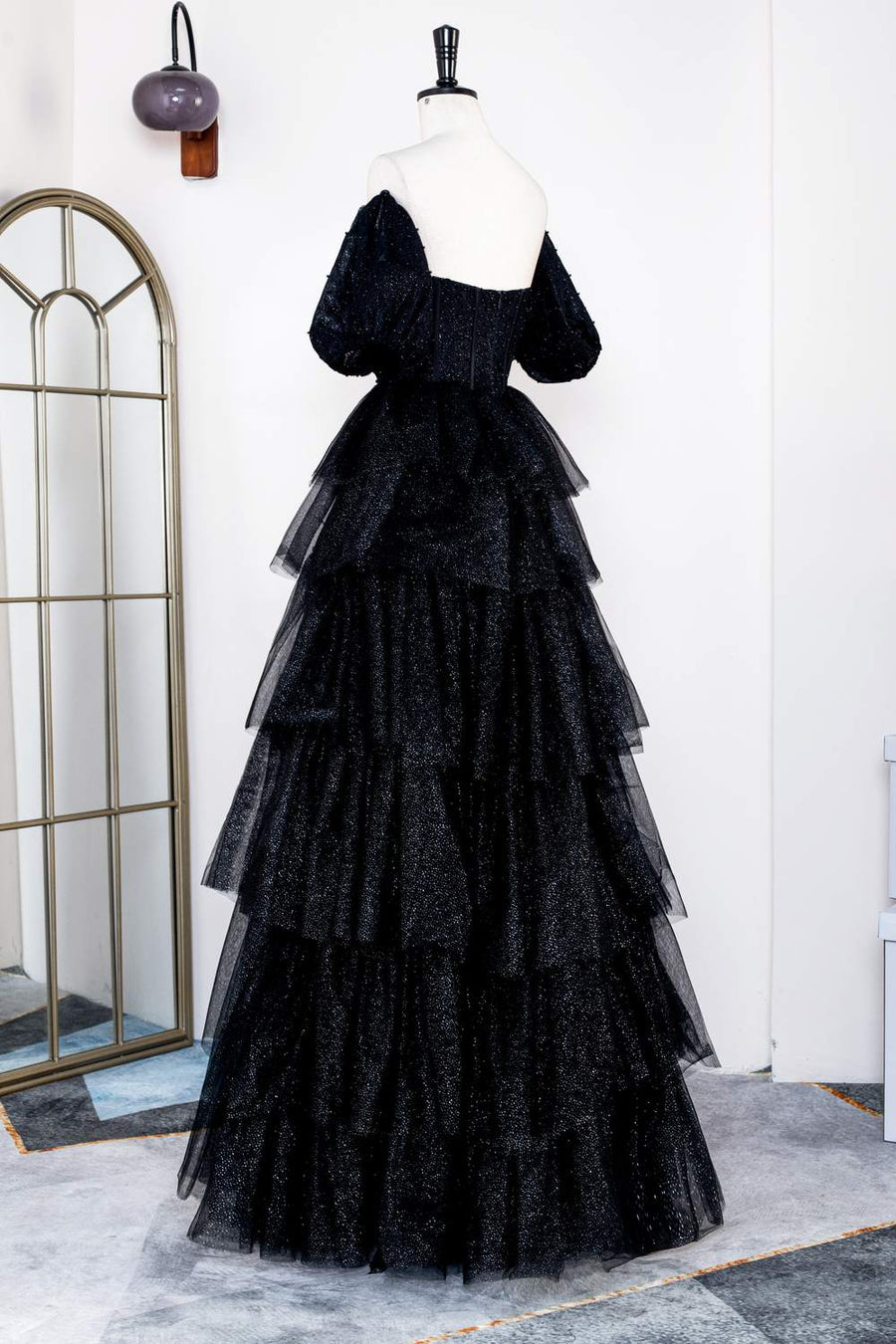 Sparkly Black Off-Shoulder Puff Sleeves Layers Long Prom Dress | Joyofdress Sparkly Black Off-Shoulder Puff Sleeves Layers Long Prom Dress | Joyofdress