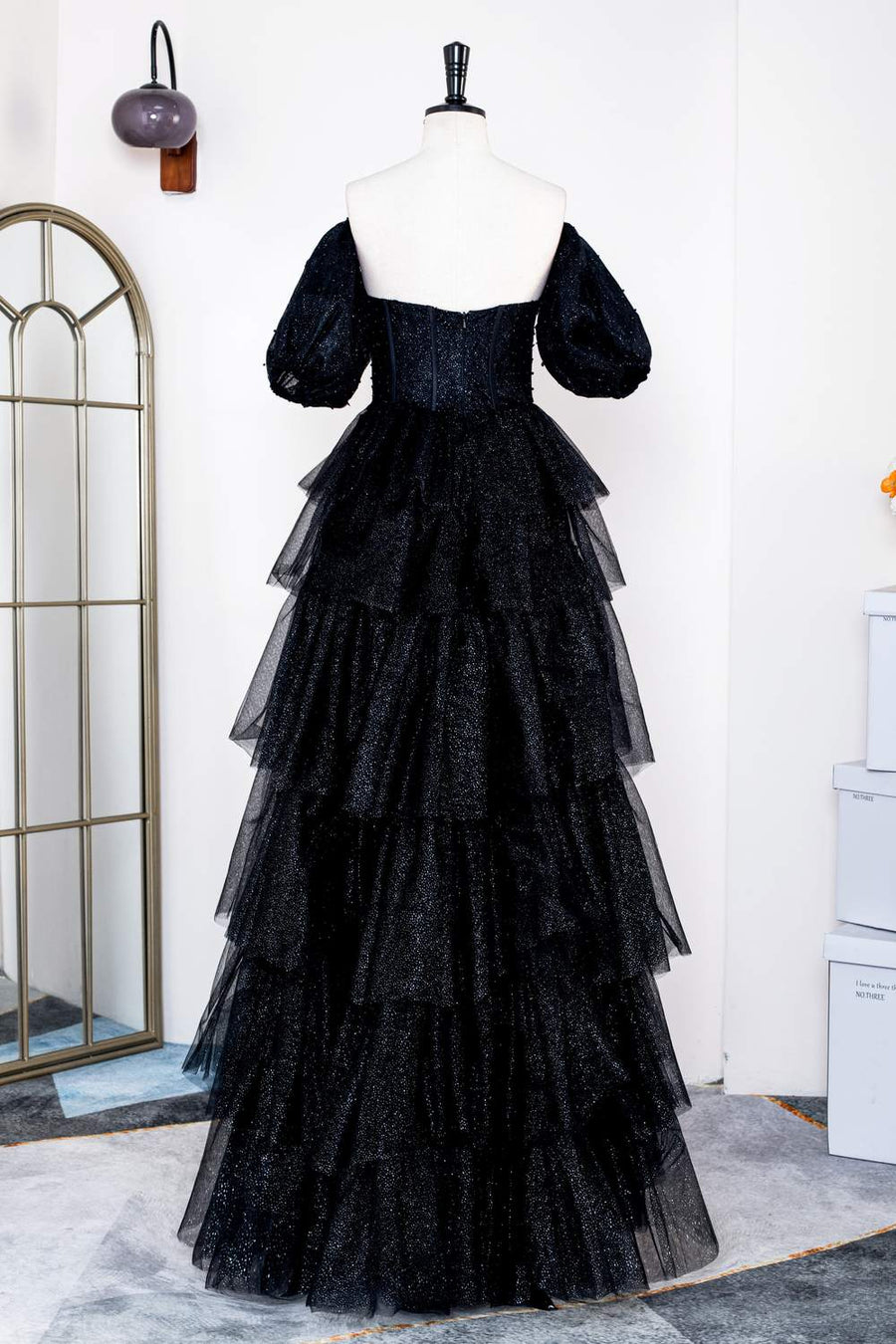Sparkly Black Off-Shoulder Puff Sleeves Layers Long Prom Dress Black / US 10 Sparkly Black Off-Shoulder Puff Sleeves Layers Long Prom Dress Black / US 10