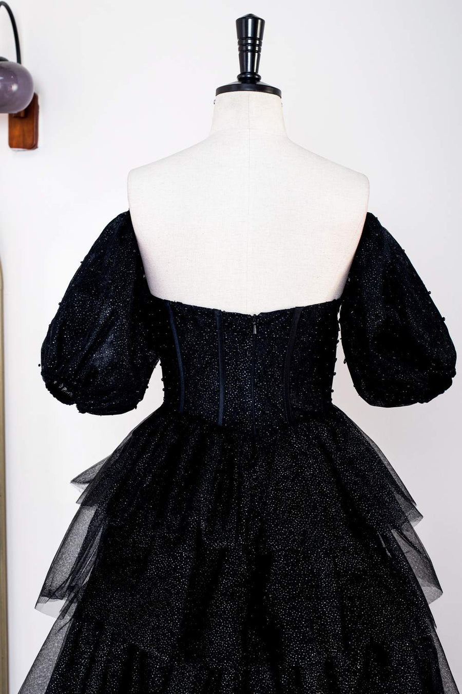 Sparkly Black Off-Shoulder Puff Sleeves Layers Long Prom Dress