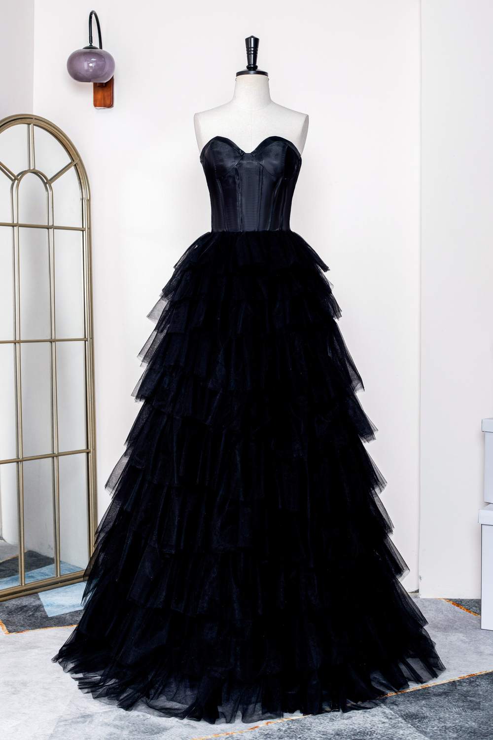 Black Strapless Leathered Top Layers Long Prom Dress