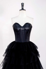 Black Strapless Satin Top Layers Long Prom Dress