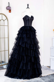 Black Strapless Satin Top Layers Long Prom Dress