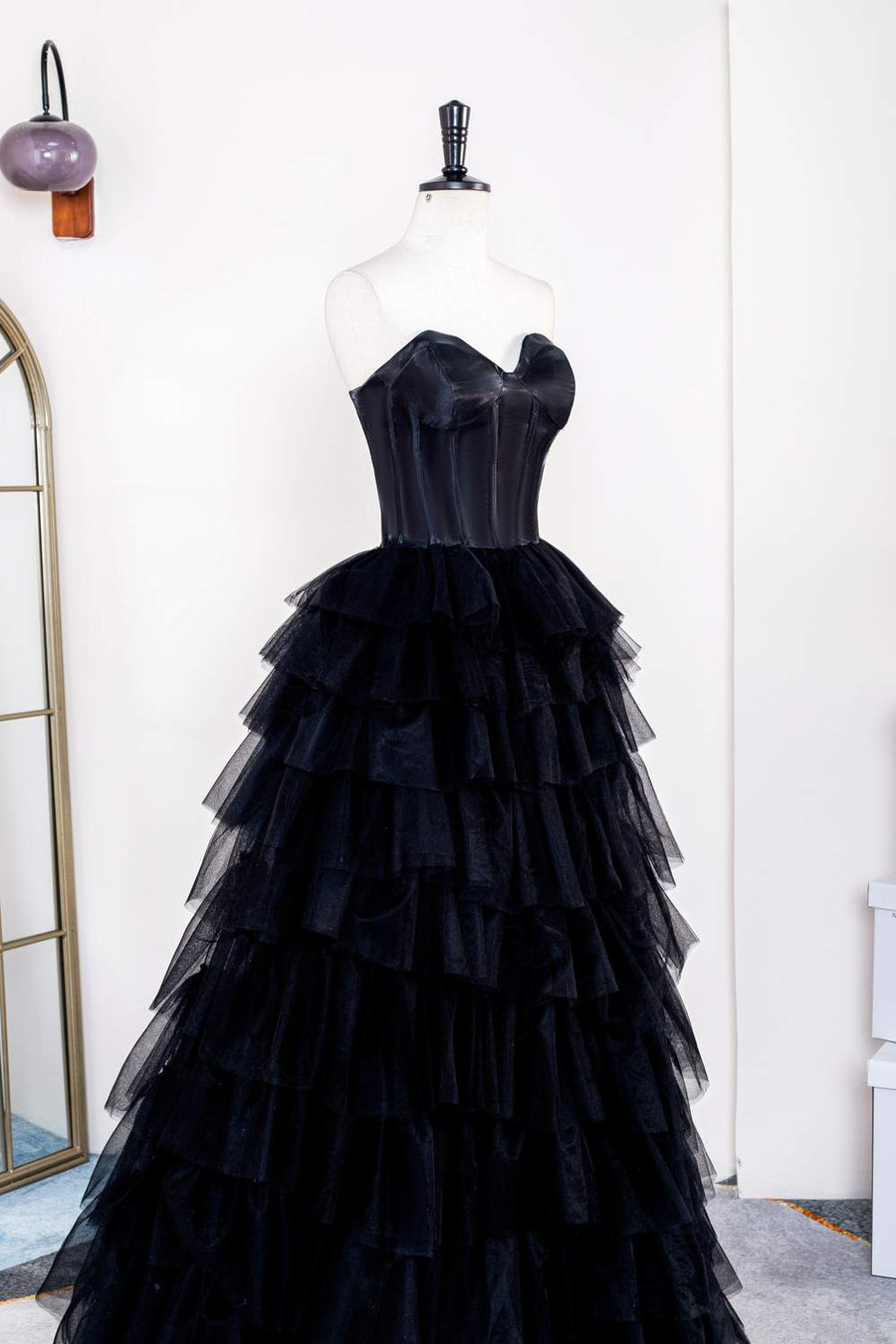 Black Strapless Satin Top Layers Long Prom Dress
