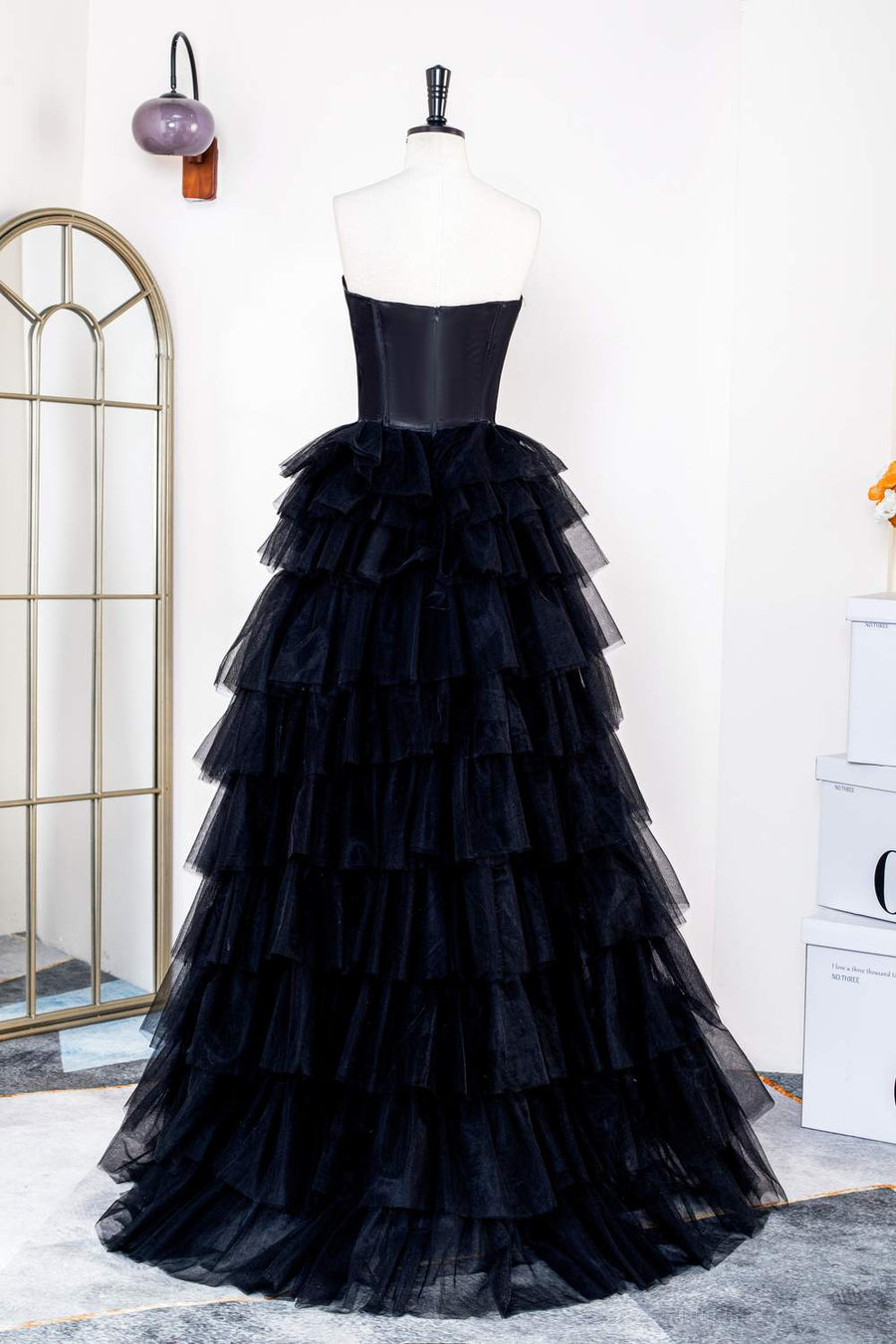 Black Strapless Satin Top Layers Long Prom Dress