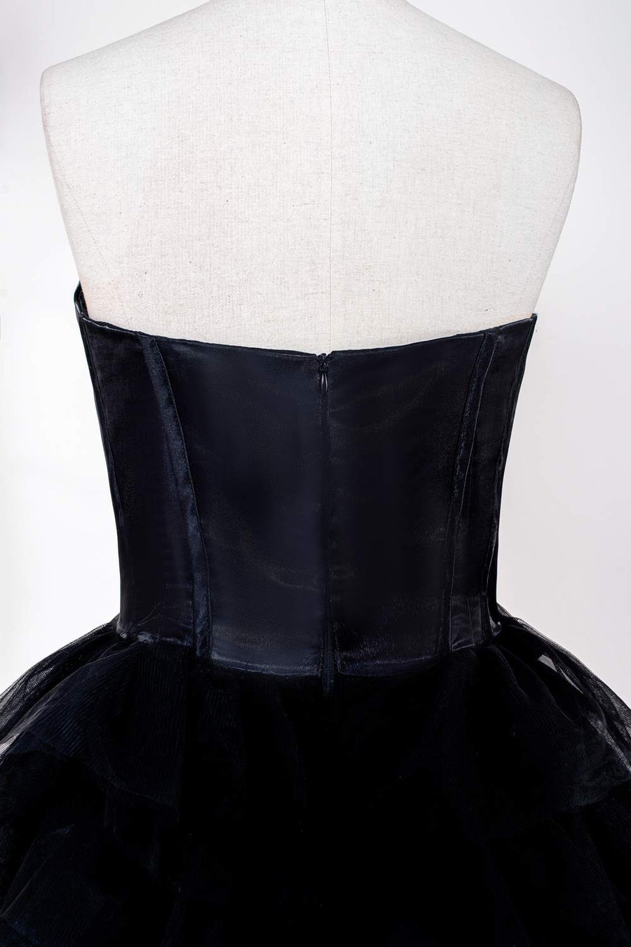 Black Strapless Satin Top Layers Long Prom Dress