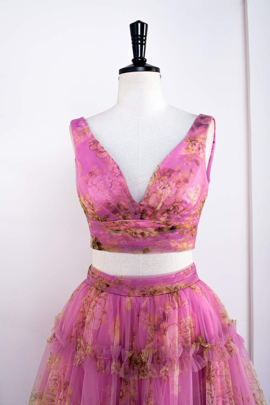 Pink Tow-Piece Ruffled Floral Long Prom Dress