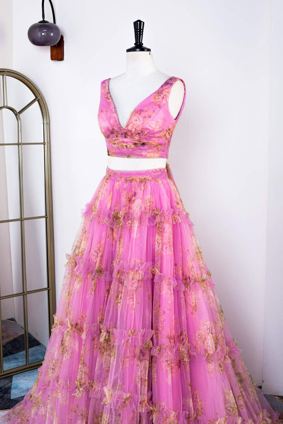 Pink Tow-Piece Ruffled Floral Long Prom Dress