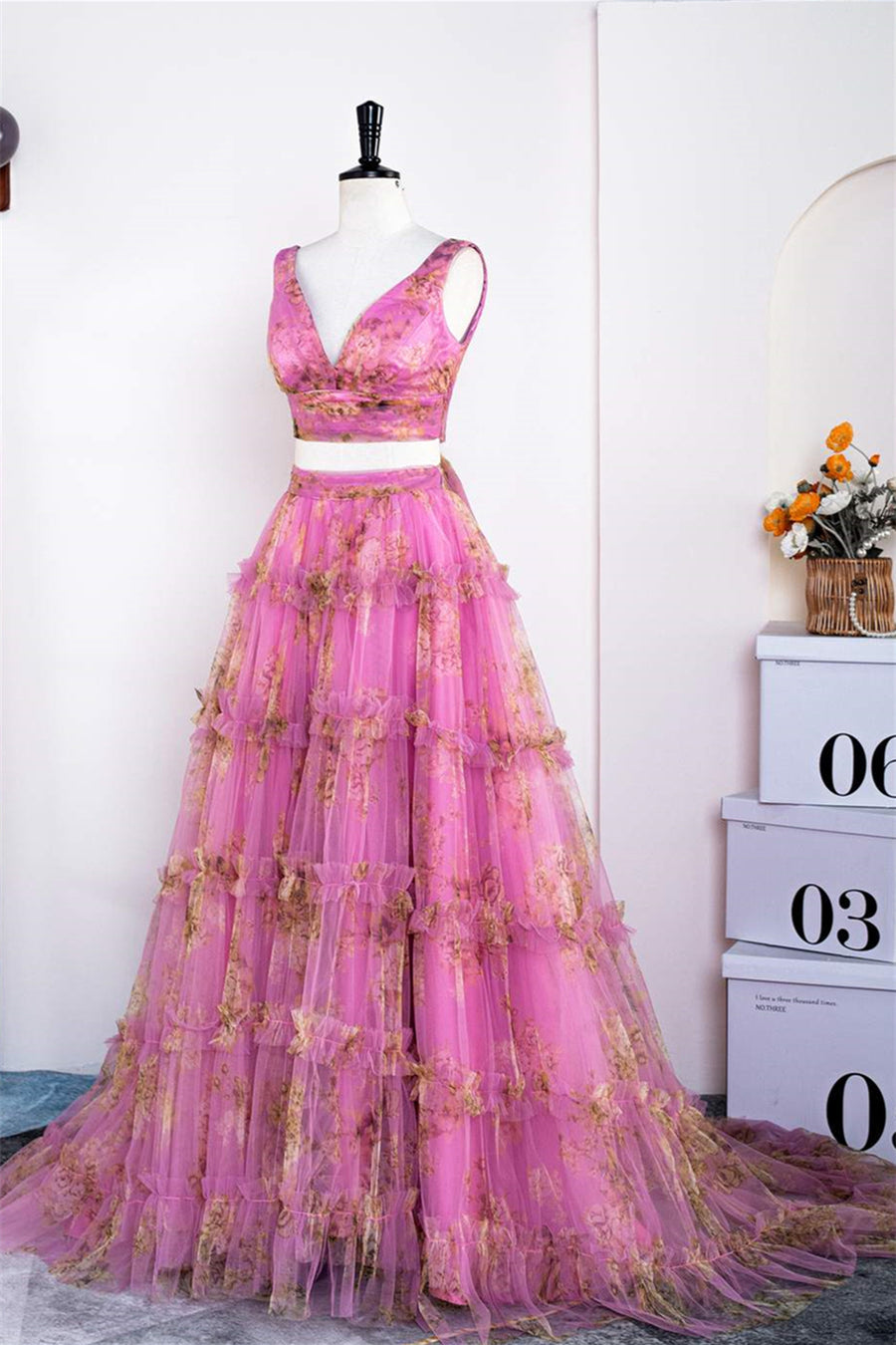 Pink Tow-Piece Ruffled Floral Long Prom Dress