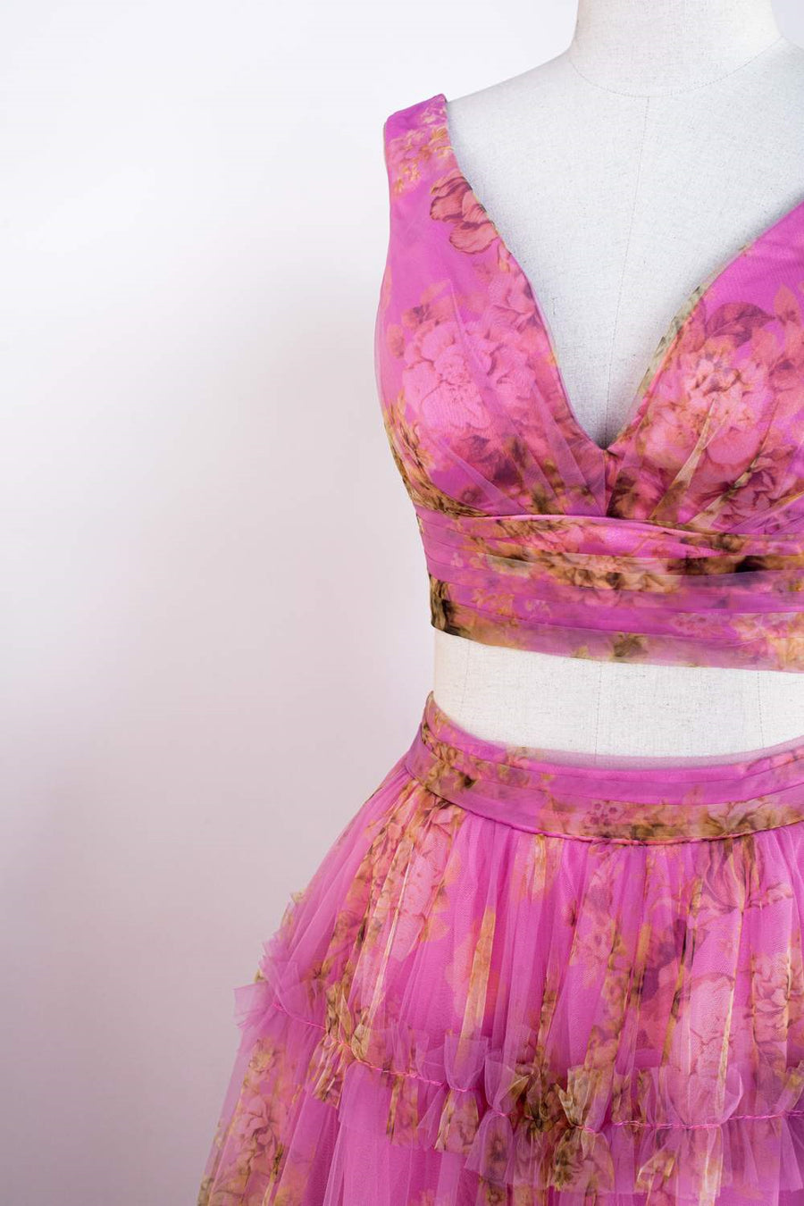 Pink Tow-Piece Ruffled Floral Long Prom Dress