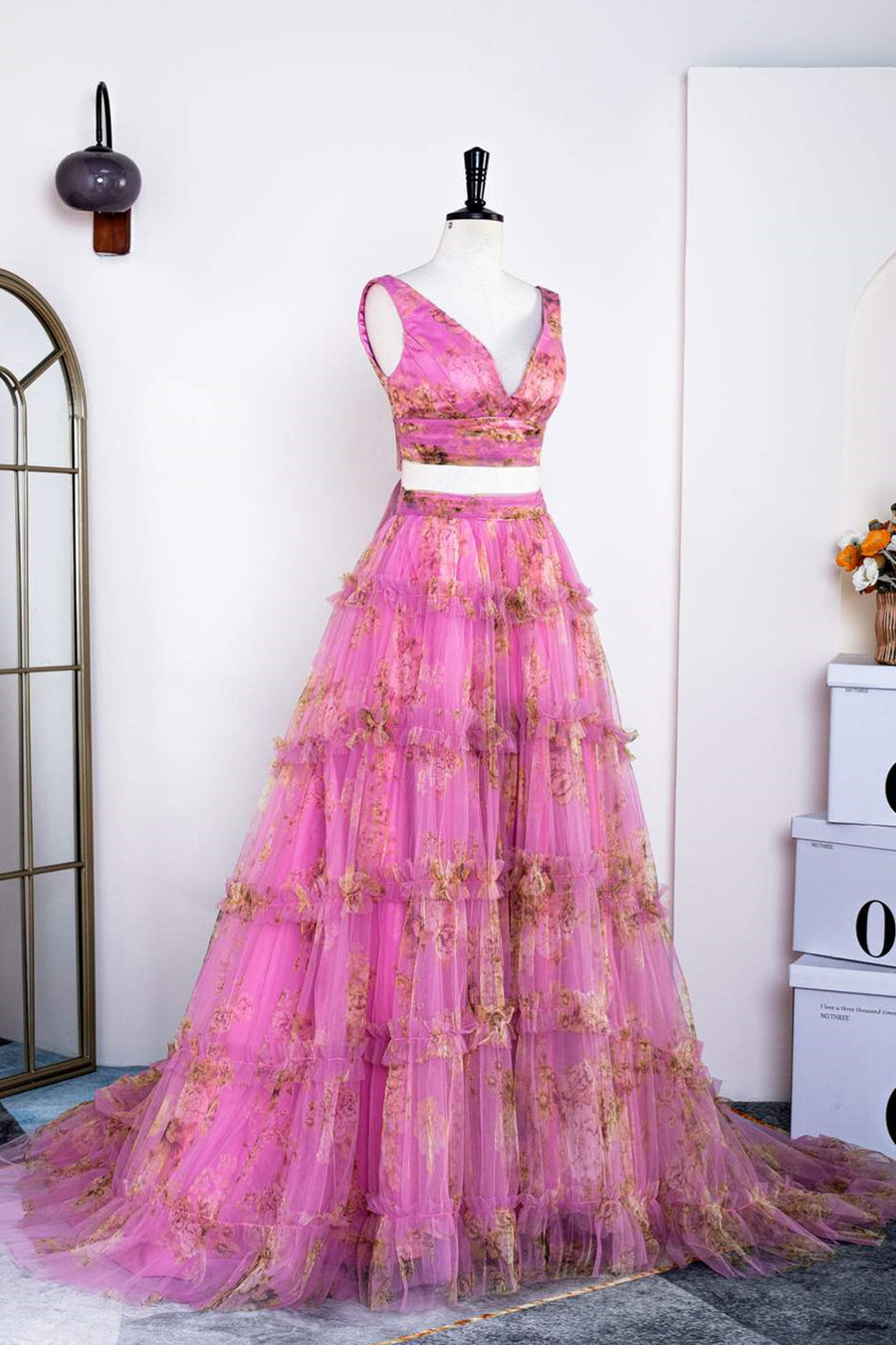 Pink Tow-Piece Ruffled Floral Long Prom Dress