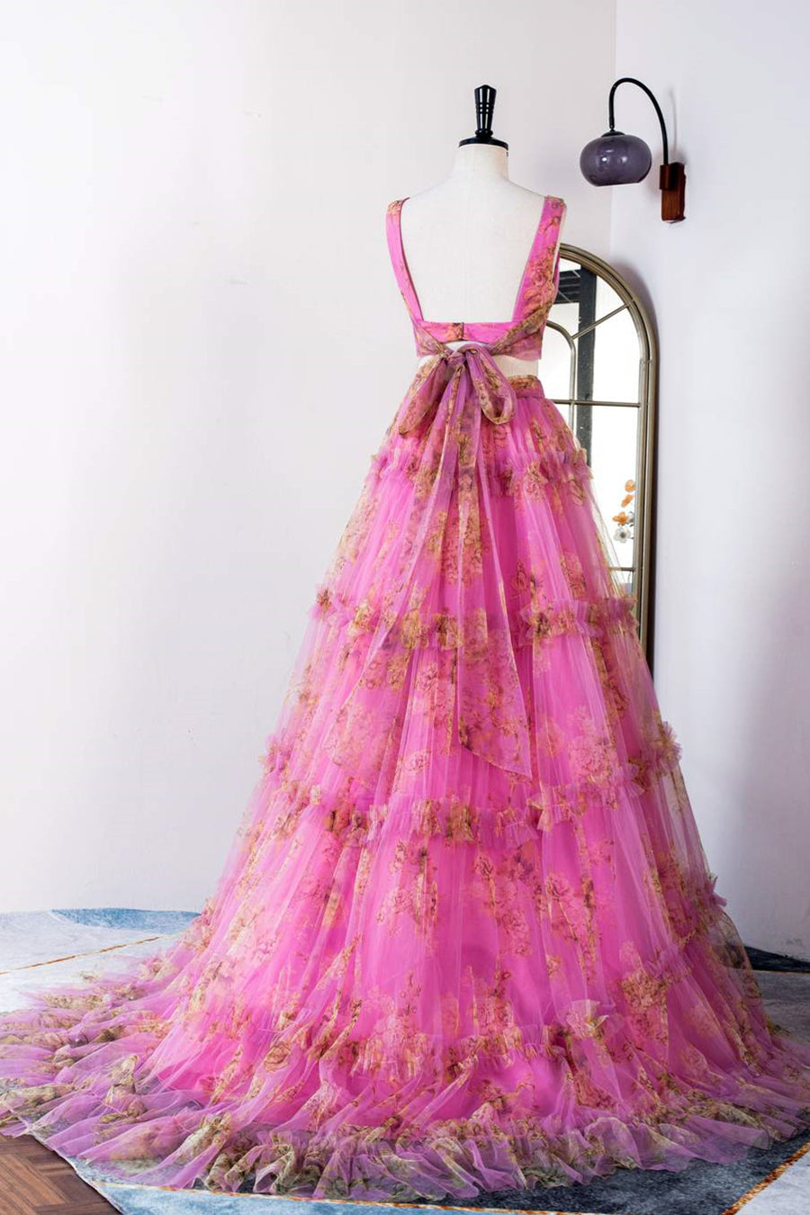 Pink Two-Piece Ruffled Floral Long Prom Dress Pink / US 2 Pink Two-Piece Ruffled Floral Long Prom Dress Pink / US 2